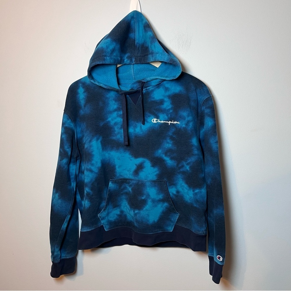 Champion Tie Dye Hoodie Women’s L Blue Pullover Lightweight Sweatshirt Logo